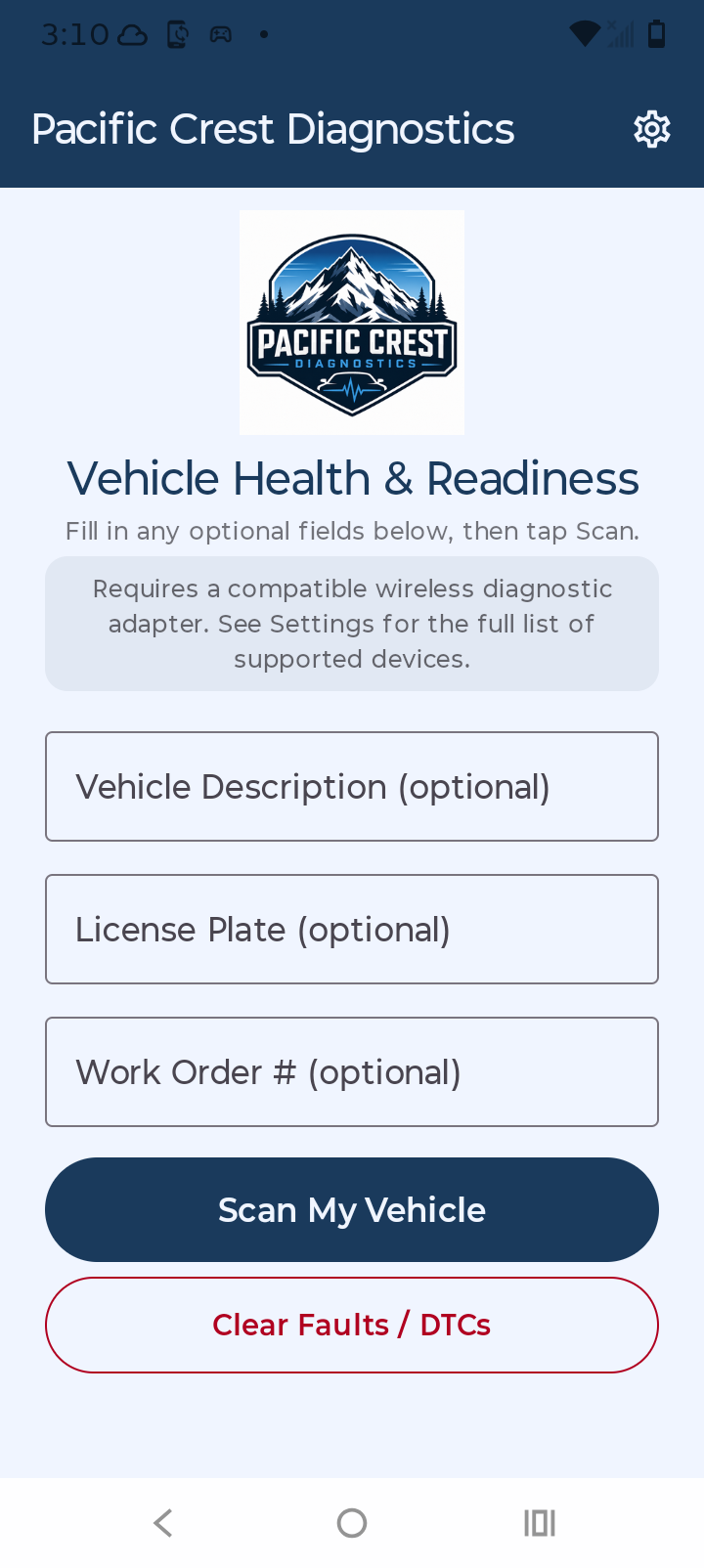 Pacific Crest Diagnostics home screen